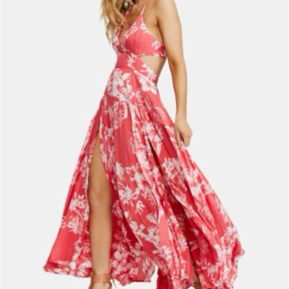 Free People Lille Maxi Halter Dress Red Raspberry Floral Cotton Size M - Picture 3 of 8